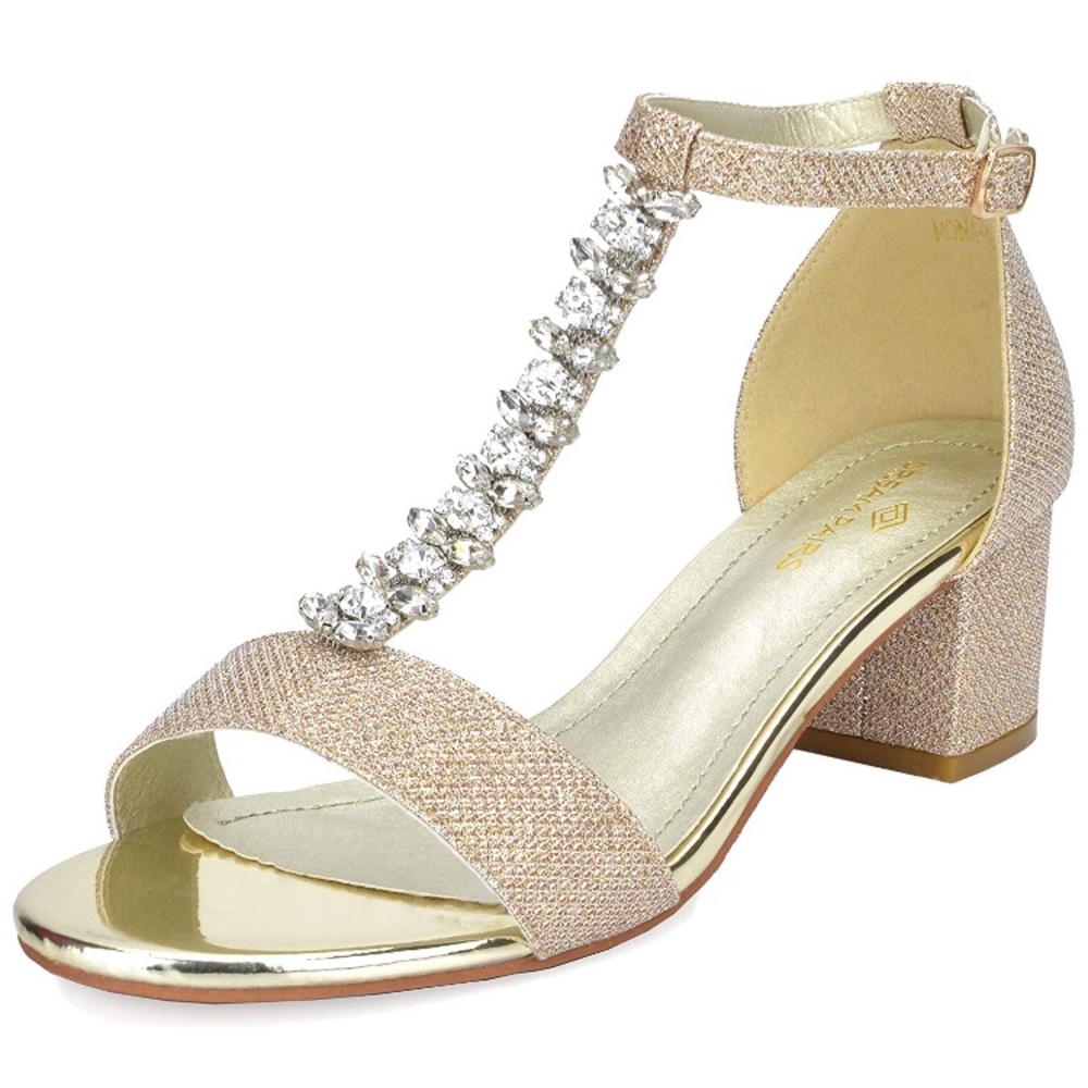 Rhinestone Gold Pump Sandal Block Heel Ankle Strap